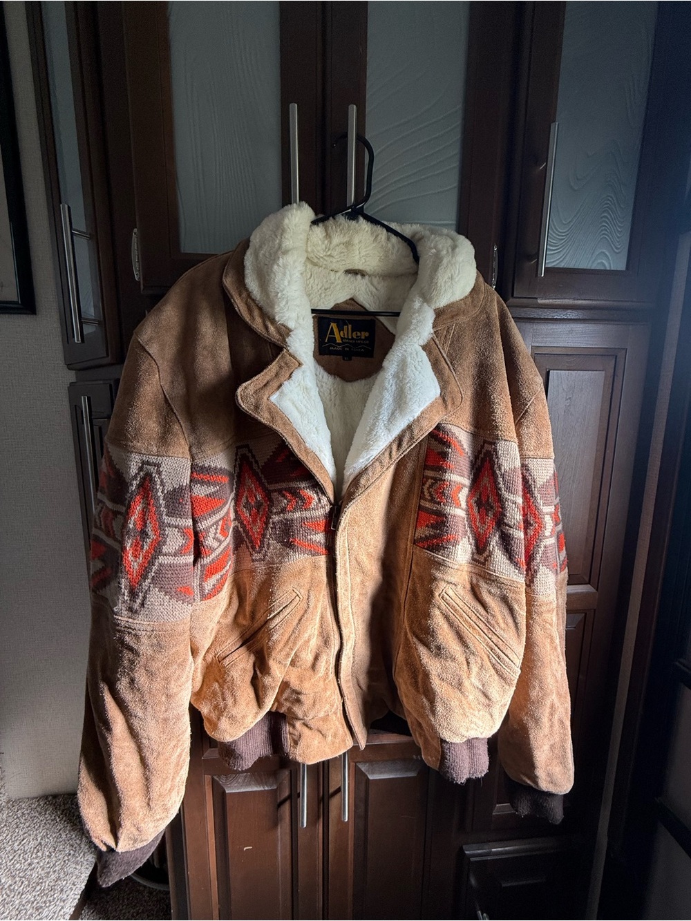 Adler Men's Tan Suede Shearling Jacket with Aztec Trim